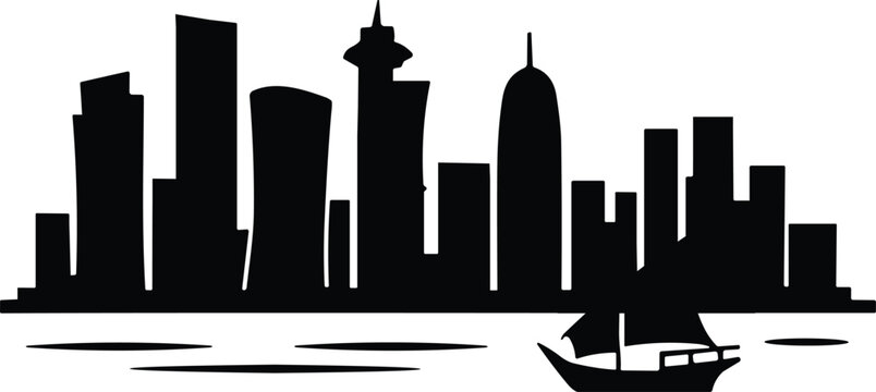 Doha City Skyline Silhouette Qatar Waterfront Dhow Boat Skyscrapers Urban Architecture Vector Illustration