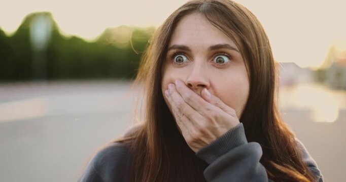 A woman's emotional transformation captured in two frames: from a calm, introspective moment to a startled expression of surprise, highlighting the depth of human feelings.