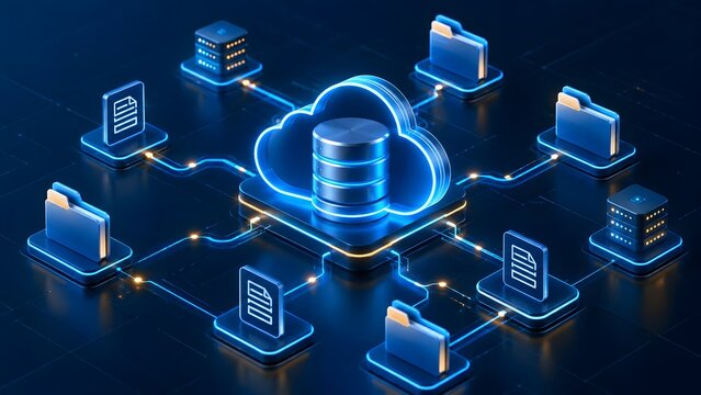 Isometric cloud computing network diagram with glowing server, folders, and documents connected by digital pathways symbolizing structured data management.