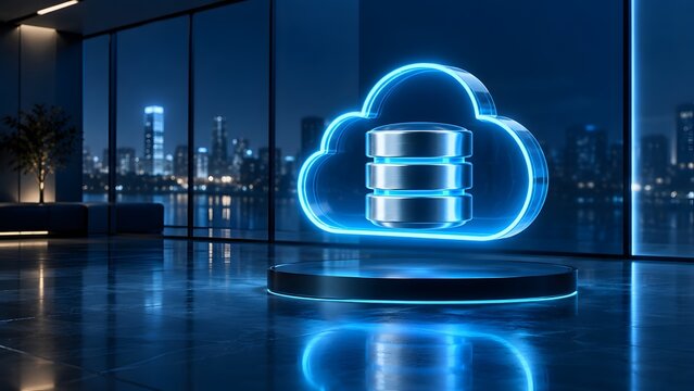 Glowing neon cloud computing database icon on a pedestal in a modern dark office with a night city view symbolizing corporate data storage solutions.