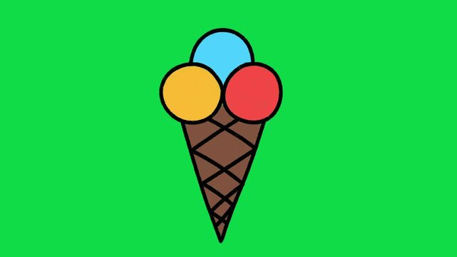 2D Hand Drawn Triple Scoop Ice Cream Cone Animation Overlay on Green Screen Background