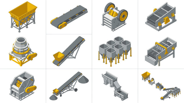 Industrial Equipment Collection Isometric Illustrations of Grayscale and Yellow Conveyor Belts Crushers Screens and Processing Machines