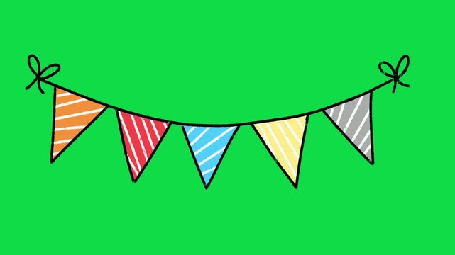 2D Hand Drawn Colorful Flag Bunting Banner Garland Animation Overlay on Green Screen Background