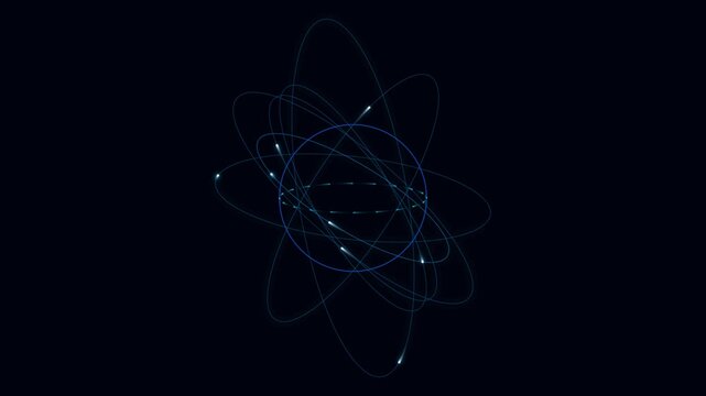 Abstract representation of an atom with glowing electrons orbiting a nucleus in a stylized scientific visualization representing subatomic particles and energy flow