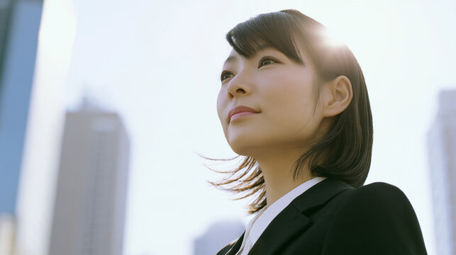 Businesswoman Looking Ahead in Modern City with Career and Leadership Concept
