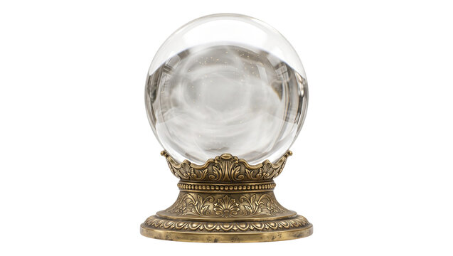 Empty Vintage Crystal Ball on Ornate Brass Stand Isolated on Transparent Background