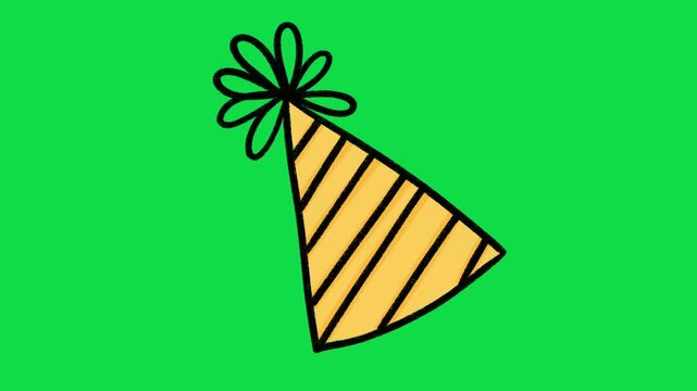 2D Hand Drawn Yellow Striped Party Cone Hat Animation Overlay on Green Screen Background