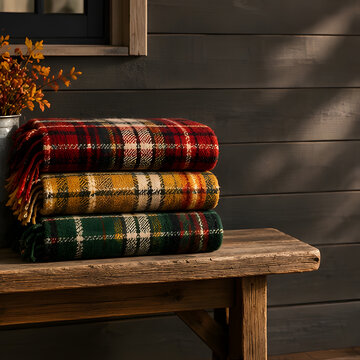Stacked Autumn Plaid Wool Blankets on Rustic Wood