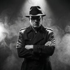 Fototapeta premium Mysterious man wearing fedora hat and trench coat standing in smoke with dramatic overhead spotlight