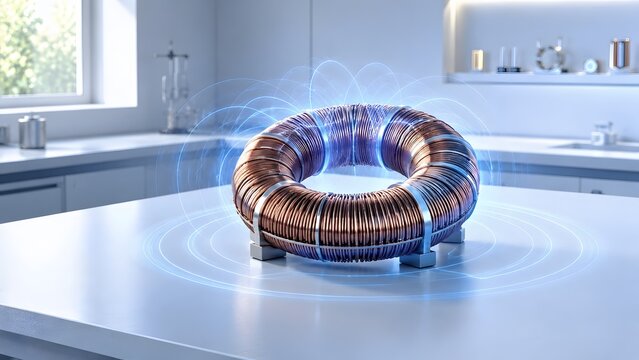 Detailed 3D render of a toroidal magnetic copper coil generating glowing blue magnetic fields in a modern science laboratory setting.