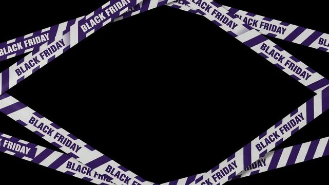 Warning tape with black friday branding forms a geometric diamond frame against a deep black surface to serve as a high contrast visual element for seasonal shopping and retail digital events.