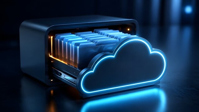 Glowing digital cloud icon functioning as an open drawer revealing organized file folders representing secure online cloud storage and data archiving.