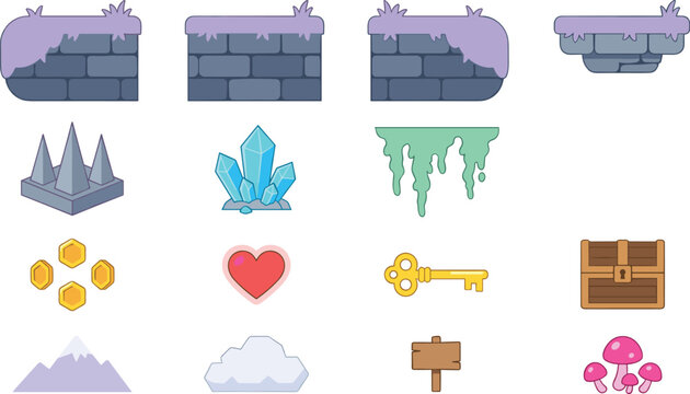 2D Side Scrolling Platformer Game Asset Vector Set with Brick Tiles Spikes Crystals Coins Key Heart and Treasure Chest Icons