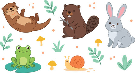Obraz premium Cute Woodland and Wetland Animals Vector Set Featuring Otter Beaver Rabbit Frog and Snail with Nature Elements on White Background