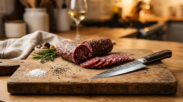 Salami sausage sliced on a rustic wooden cutting board with a knife and seasonings
