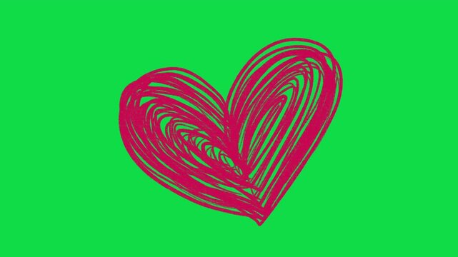 2D Hand Drawn Pink Scribble Heart Animation Overlay on Green Screen Background