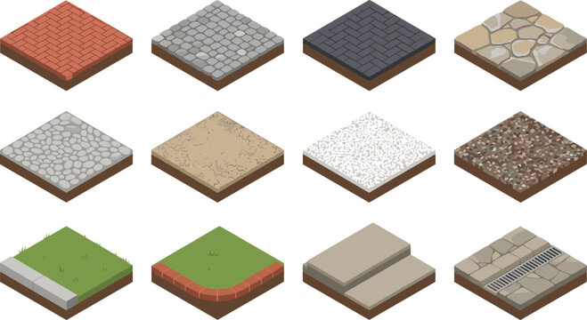 Isometric Paving Tile Vector Set Featuring Brick Cobblestone Concrete Gravel and Grass Textures for City Street Game Map Design