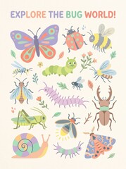 Fototapeta premium Colorful collection of cartoon insects including butterflies, beetles, and caterpillars with playful text on a light background.