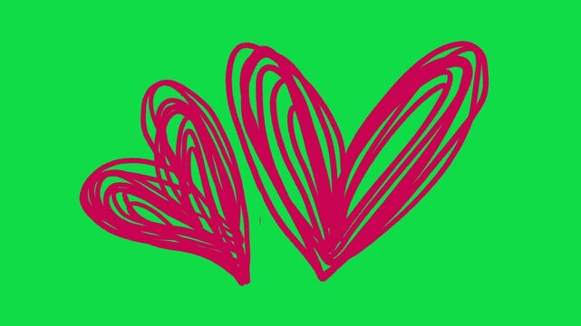 2D Hand Drawn Two Pink Scribble Hearts Animation Overlay on Green Screen Background