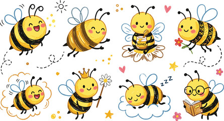 Fototapeta premium Cute Cartoon Honey Bees Collection with Smiling Characters, Flying Insects, Honey Jar, Flowers, Sleeping Bee and Educational Nature Illustration