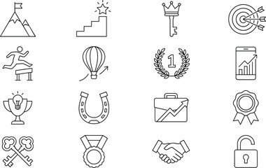 Fototapeta premium Achievement and Success Business Icon Set with Goals, Leadership, Awards, Growth, Strategy, Competition, Recognition, Career Progress, Security, and Victory Symbols