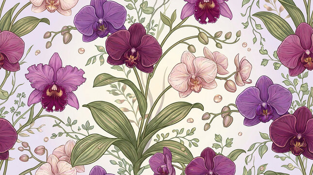 Vibrant cattleya orchids and pearls pattern on light lilac background for fashion prints.
