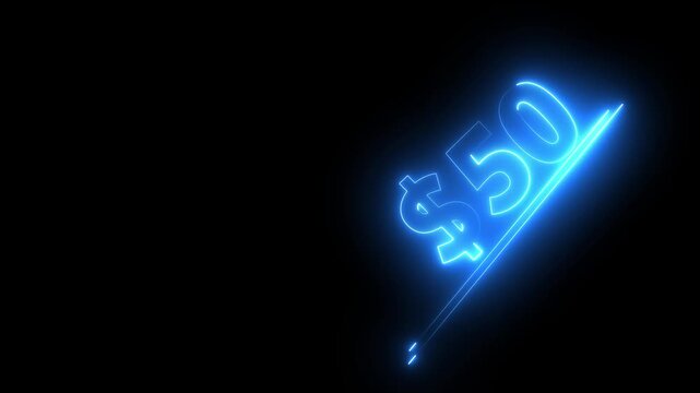 50 dollar number illustration. Neon dollar illustration from 50 number. on a black background.Financial dollar number animation on black background.