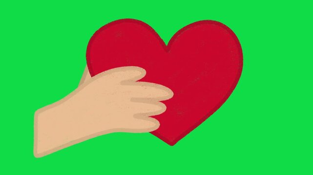 2D Hand Drawn Hand Holding Red Heart Animation Overlay on Green Screen Background