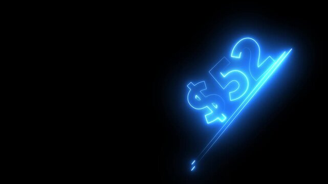 52 dollar number illustration. Neon dollar illustration from 52 number. on a black background.Financial dollar number animation on black background.