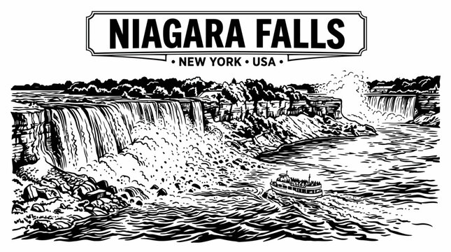 Very beautiful black and white vector of Niagara Falls featuring Horseshoe Falls, mist, river, sightseeing boat, and WELCOME TO NIAGARA FALLS &bull; NEW YORK &bull; USA, isolated on white background, no gradien