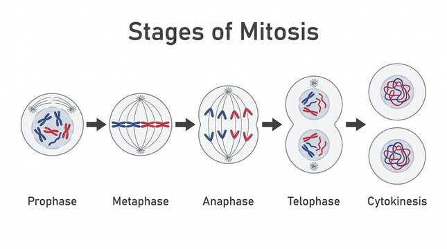 Mitosis stages diagram showing five phases of cell division