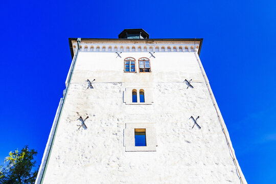 Medieval Lotrscak tower against blue sky in Zagreb, capital of Croatia 
