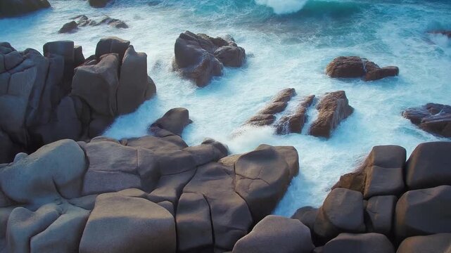 Ocean Waves Crashing On Rocky Shoreline, Coastal Landscape