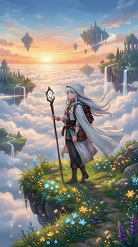 A person stands on a cliff overlooking floating fantasy islands at sunrise