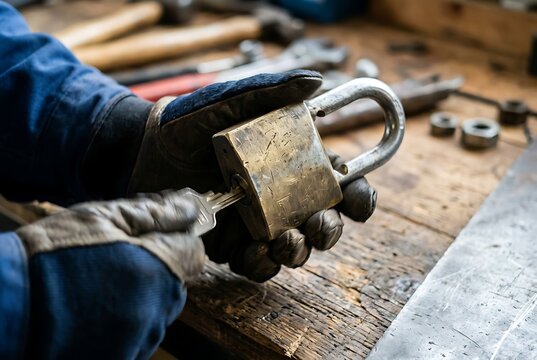 Gloved worker unlocking vintage heavy duty padlock with key at wooden workshop bench.