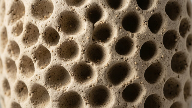 Macro view of highly porous beige mineral surface filled with deep rounded cavities resembling volcanic rock pumice stone foam geological formation natural erosion sediment texture rugged material int