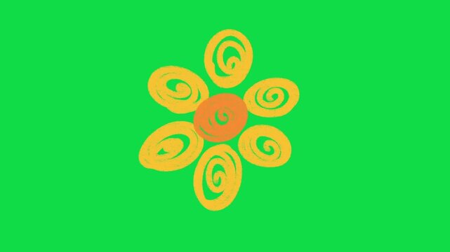 2D Hand Drawn Yellow and Orange Spiral Flower Animation Overlay on Green Screen Background