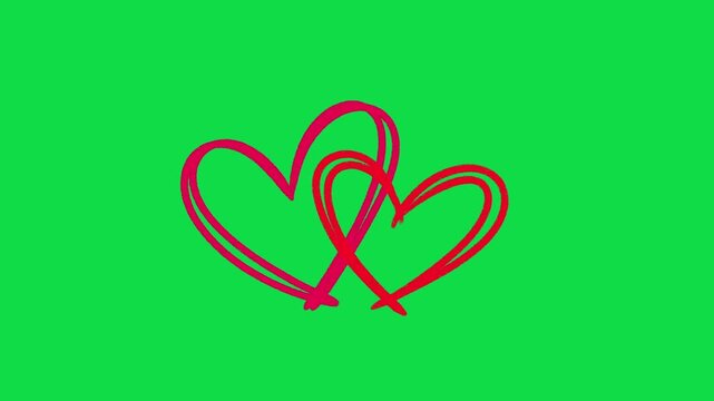 2D Hand Drawn Interlocking Pink and Red Hearts Line Art Animation Overlay on Green Screen Background