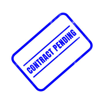 A bright blue rectangular rubber stamp impression featuring the text contract pending oriented diagonally on a plain white background for professional business document marking