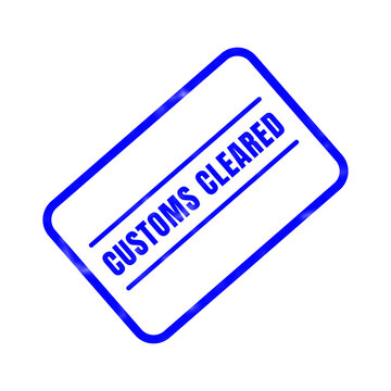 A bright blue rectangular rubber stamp design featuring the bold text customs cleared angled diagonally against a clean white background for professional document marking