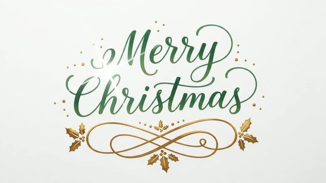Merry Christmas typography design features elegant green calligraphy with a decorative gold flourish and holly leaves on a clean white background, providing ample space for seasonal greetings text.