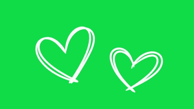 2D Hand Drawn Two White Heart Outlines Animation Overlay on Green Screen Background