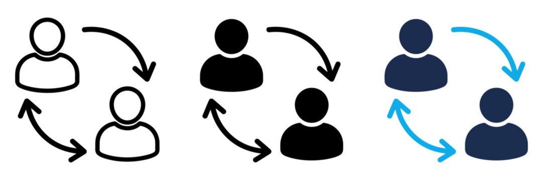 Minimalist user exchange icons, human resource rotation symbols, 3 vector person replacement sets for business workflow and team collaboration