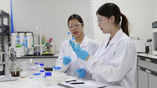 Female scientist analyzing plant samples with a microscope, examining leaf samples on a petri dish with a microscope in a laboratory.