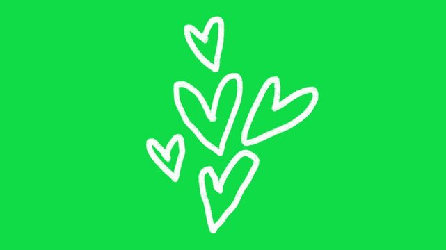2D Hand Drawn Floating White Hearts Animation Overlay on Green Screen Background