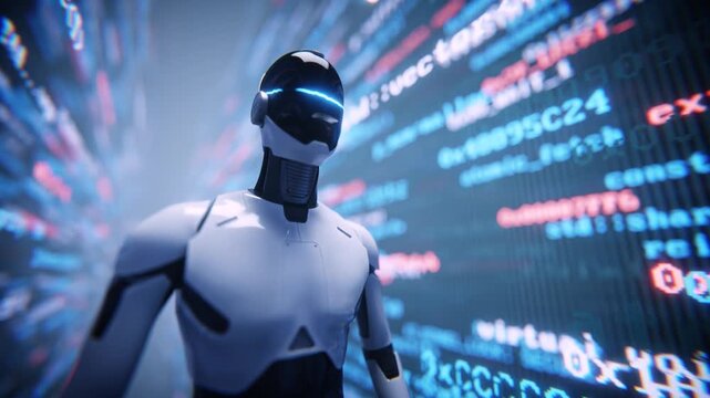 Humanoid robot assistant with coding screen backdrop loop animation