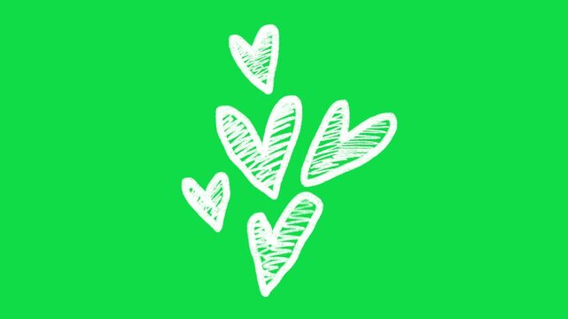 2D Hand Drawn Floating White Sketchy Hearts Animation Overlay on Green Screen Background
