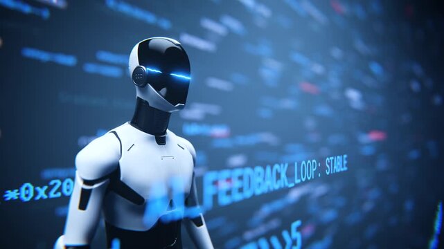 Humanoid robot assistant with data interface background loop animation
