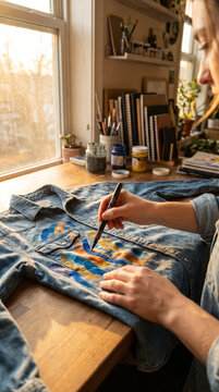 Woman painting brush lettering on fabric shirt in creative workspace  
