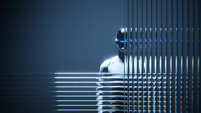 Humanoid robot assistant behind ribbed glass loop animation
